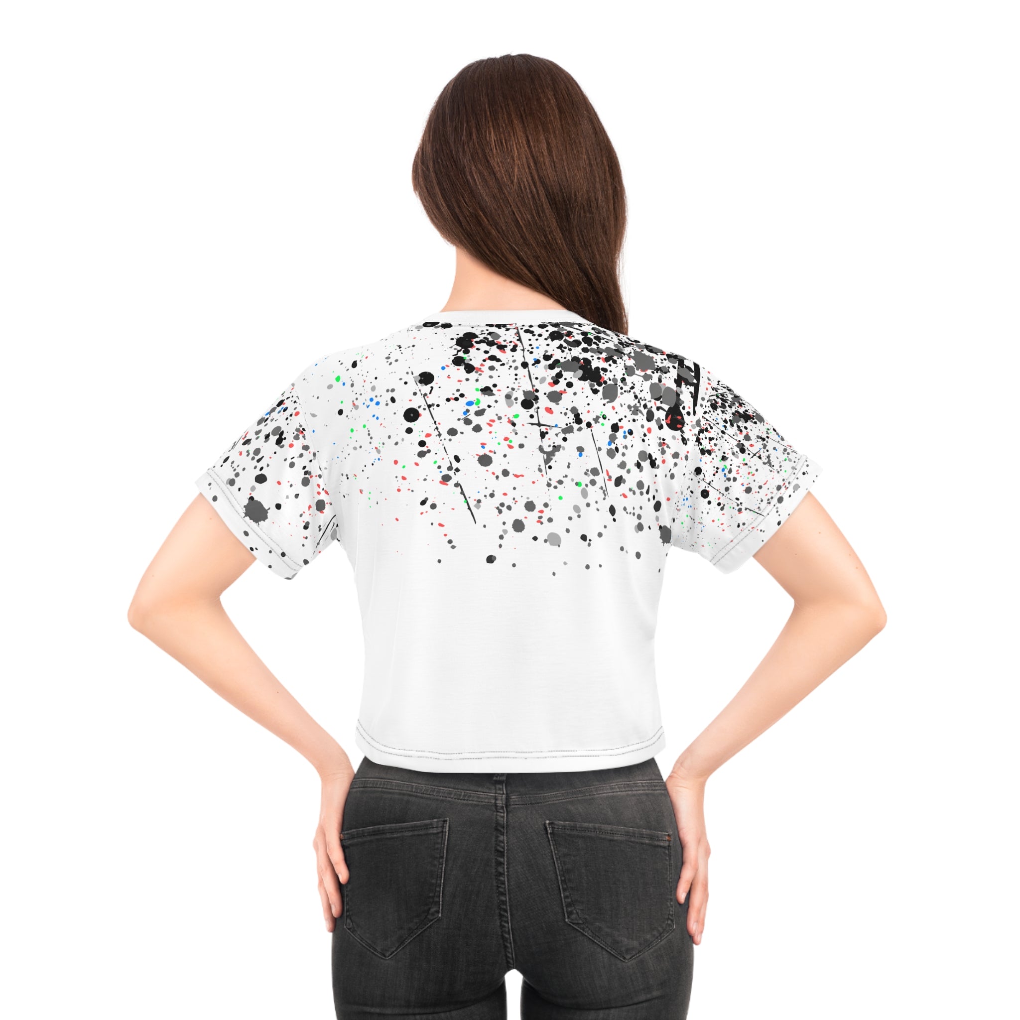 Smiley Vibrant Crop Tee with Splash Art, Trendy Streetwear Top |Black and White|