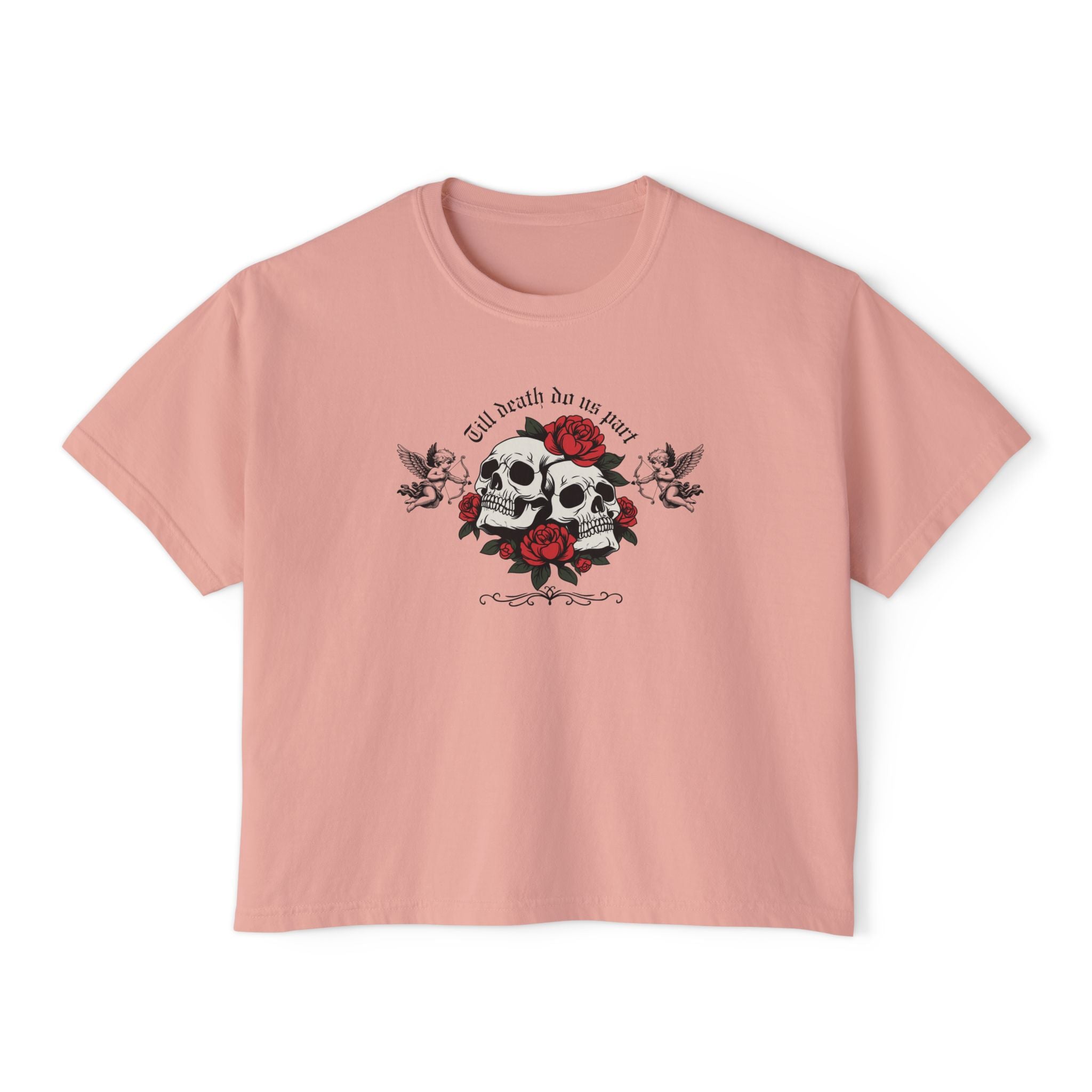 Edgy Floral Skull Women's Boxy Tee, Casual Graphic Tee for Women, Gothic Aesthetic, Gift for Her, Summer Fashion, Skulls and Roses Shirt