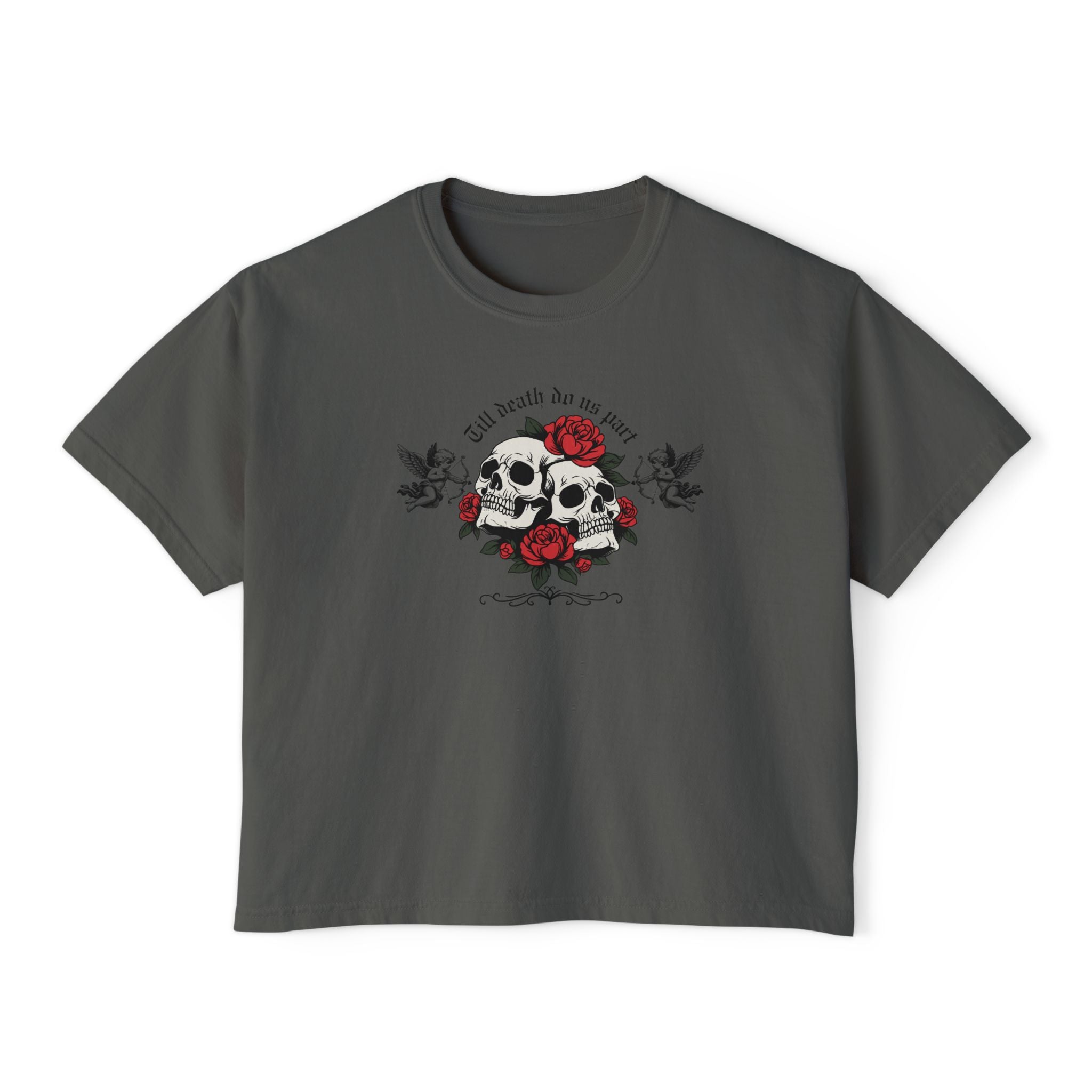 Edgy Floral Skull Women's Boxy Tee, Casual Graphic Tee for Women, Gothic Aesthetic, Gift for Her, Summer Fashion, Skulls and Roses Shirt