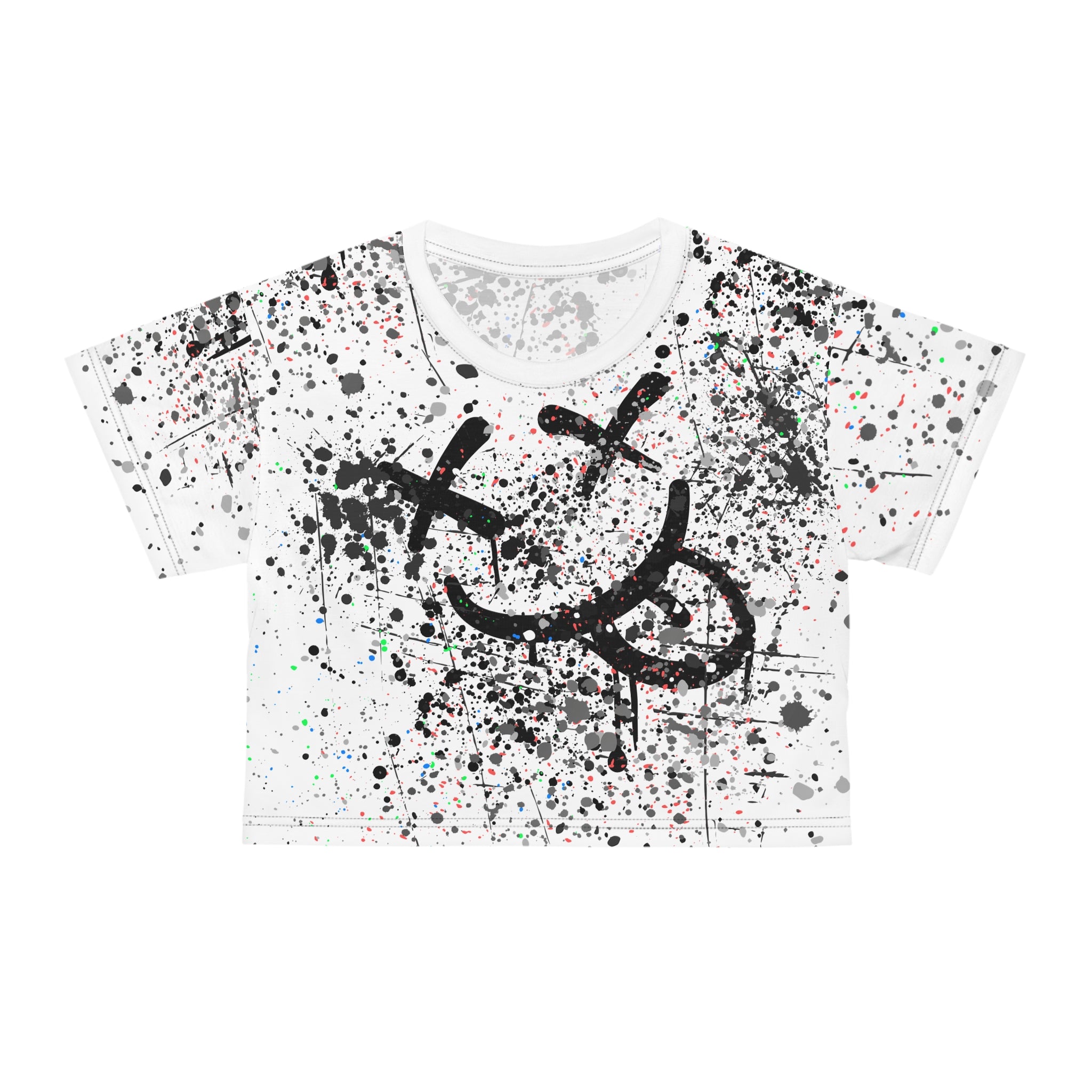 Smiley Vibrant Crop Tee with Splash Art, Trendy Streetwear Top |Black and White|