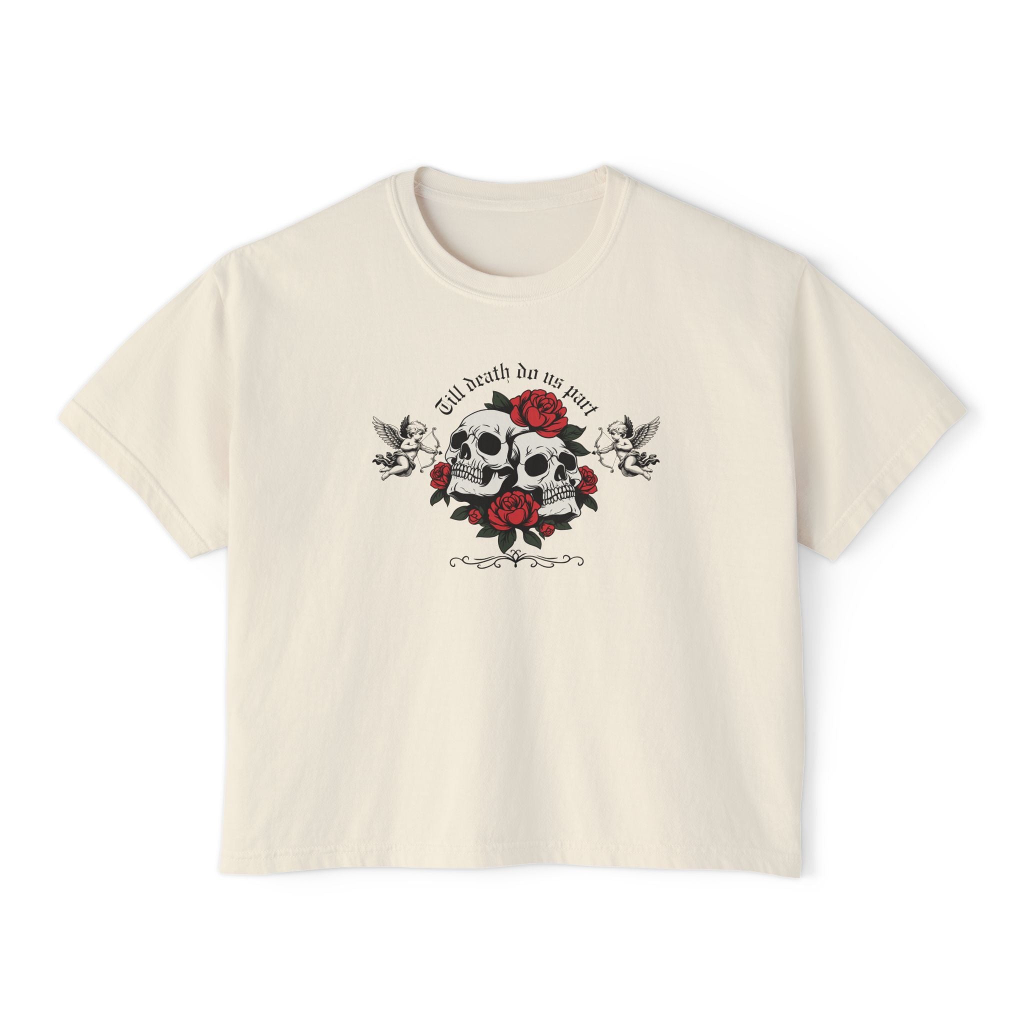 Edgy Floral Skull Women's Boxy Tee, Casual Graphic Tee for Women, Gothic Aesthetic, Gift for Her, Summer Fashion, Skulls and Roses Shirt